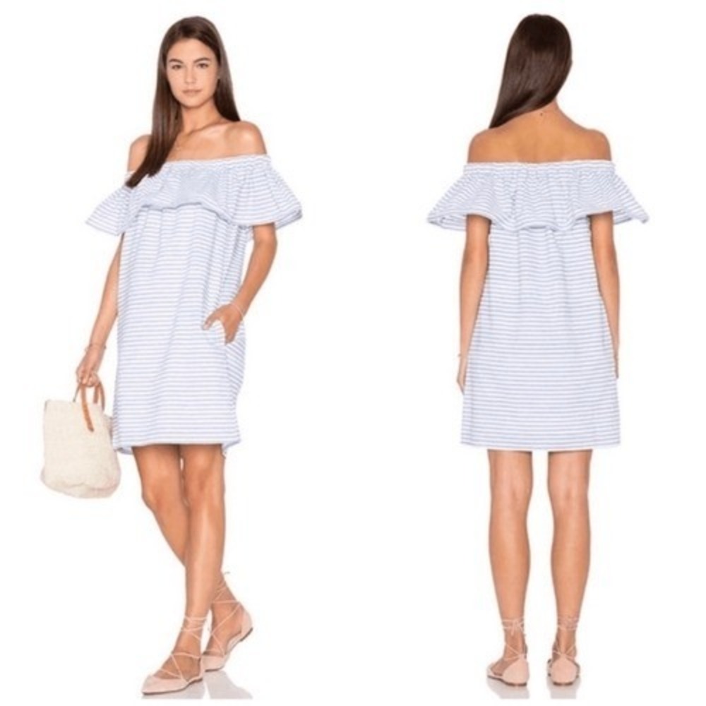 Line + Dot Lea‎ Ruffle Dress Off the Shoulder French Blue White Striped M NEW